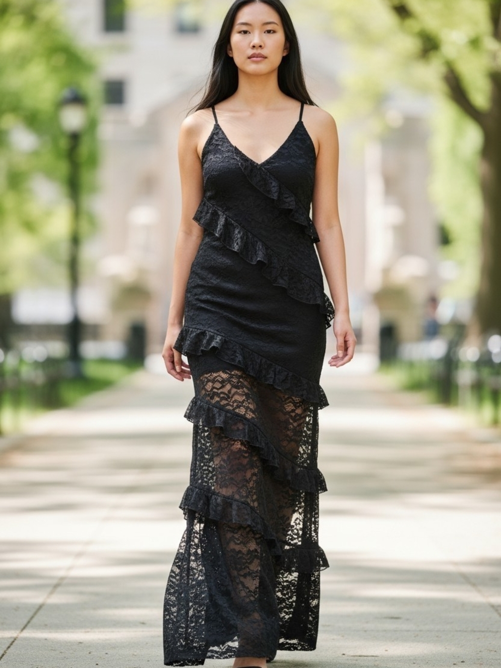 Romantic Lace Ruffle Halter Maxi Dress Formal Wedding Guest NWT EVNL Size M